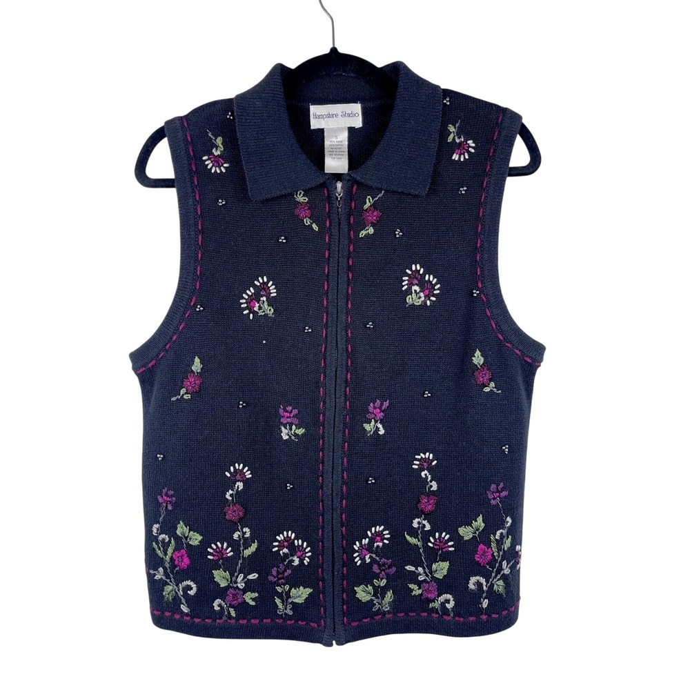 VTG Hampshire Studio Embroidered Floral Sweater Vest Women's Small Black Zip